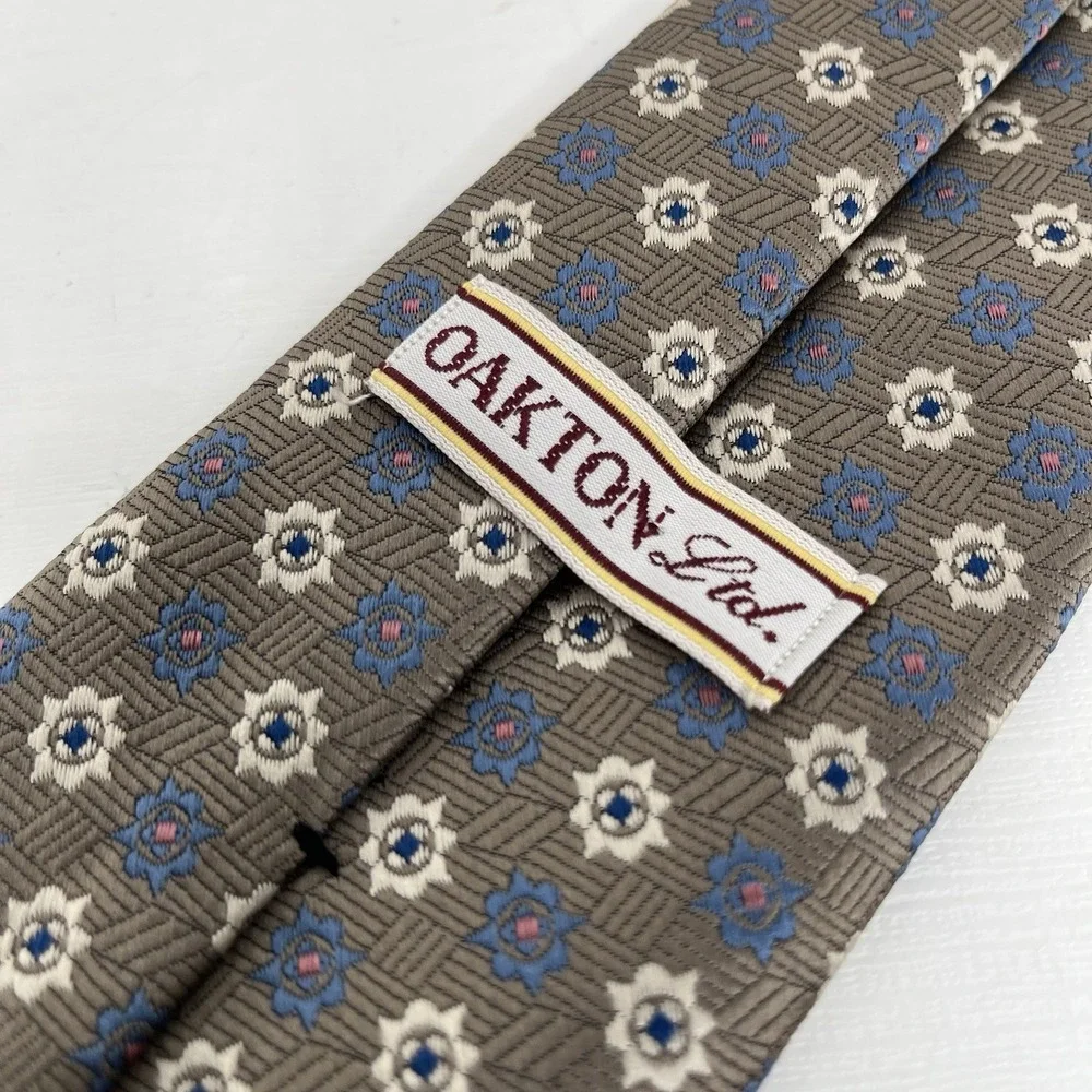 OAKTON LTD. Men's Tie Geometric Taupe Periwinkle Blue Cream Print Preppy Wedding